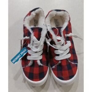 Gigil Girls Red Black Buffalo Plaid Slip On Sneakers Faux Fur Lined Size 3 NWT